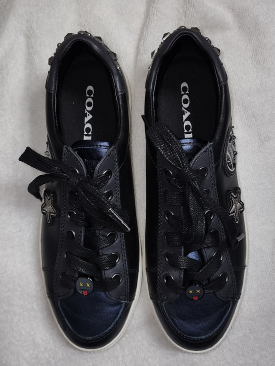 Coach Shoes - COACH Porter Black Leather Embellished Sneakers Stars Studs NYC Patches [Size]